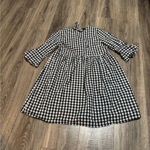 SHEIN Black White Gingham Cotton Blend Ruffle Lace Up Knee Length Dress S